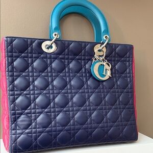 Lady Dior Navy and Pink Quilted Tote with Blue Handles